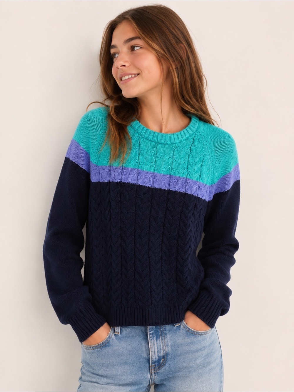 Lands’ End Drifter Kids Cable Knit Sweater Youth Large 14-16 Colorblock Cotton